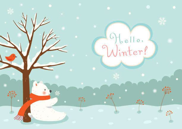 winter hintergrund mit weißer bär und vogel - bush bird tree wood stock-grafiken, -clipart, -cartoons und -symbole