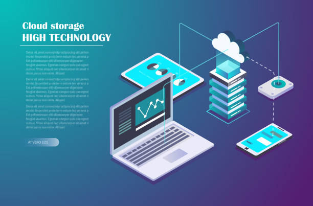 Cloud Storage and Network connection concept Cloud Storage and Network connection. Smart technology Isometric Concept. Data server, laptop, Mobile Phone, tablet and other devices for storage and data transmission. Vector illustration. signal level stock illustrations