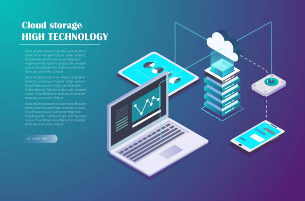 Cloud Storage and Network connection concept Cloud Storage and Network connection. Smart technology Isometric Concept. Data server, laptop, Mobile Phone, tablet and other devices for storage and data transmission. Vector illustration. isometric cloud server stock illustrations