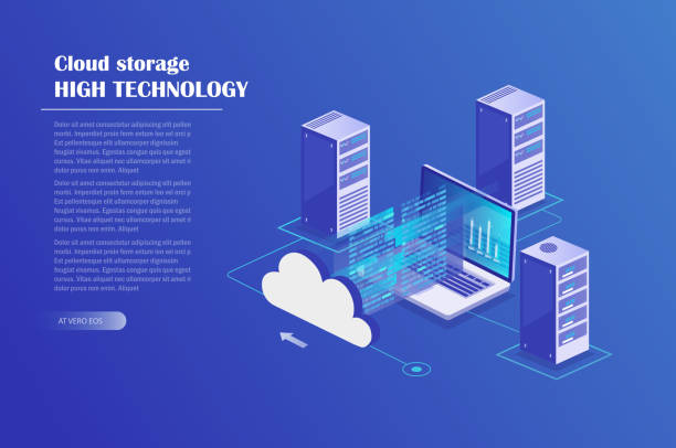 Cloud storage concept isometric design Data center, storage servers, blockchain technology isometric concept. Landing page template. Header for website. Isometric vector illustration cloud storage stock illustrations