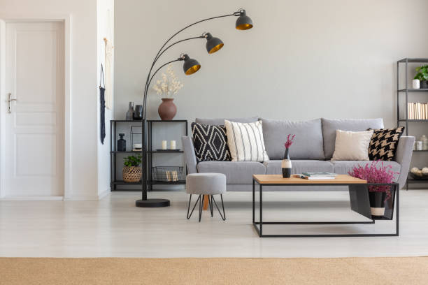 istock Elegant living room with grey sofa with patterned pillows, wooden coffee table with heather and industrial lam, real photo with copy space 1063671870