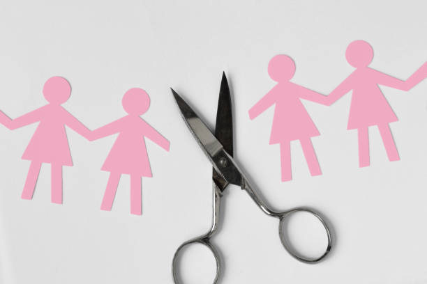 istock Broken women paper chain with scissors on white background - Broken relationships between woman concept 1063673444