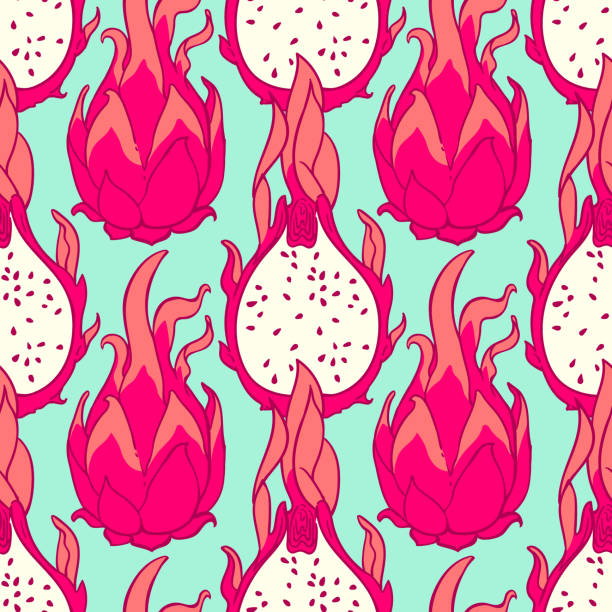Tropical fruit seamless pattern. Dragon fruit vector background Tropical fruits seamless pattern. Dragon fruit vector background dragon fruit flower stock illustrations