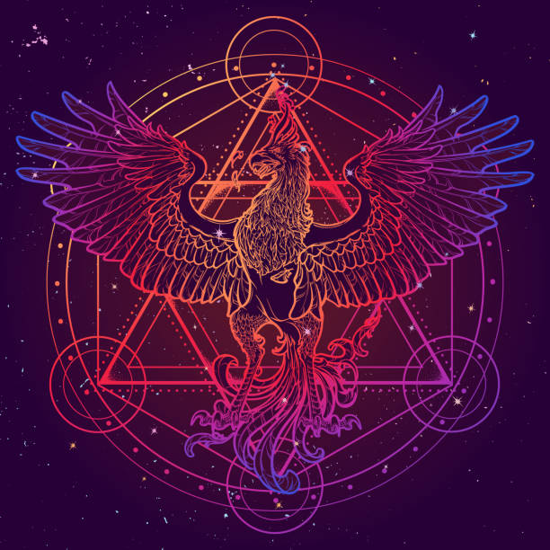 szkic rysunek phoenix i gwiazdy dawida izolowane na tle teksturowane akwareli. - phoenix tattoo bird wing stock illustrations