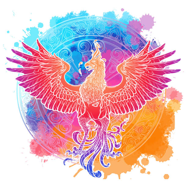szkic rysunek phoenix izolowane na akwareli teksturowane tło. - phoenix tattoo bird wing stock illustrations