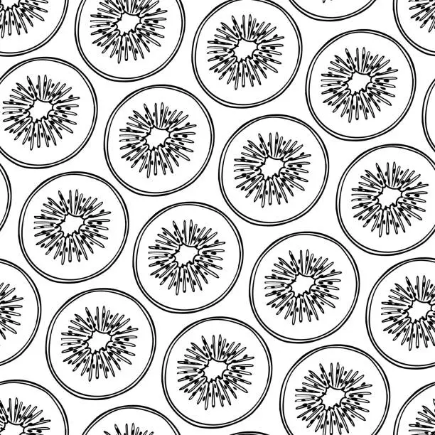 Vector illustration of Kiwi Fruit seamless pattern. Black and white background