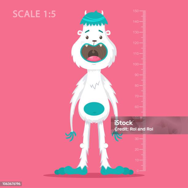 Kids Meter Wall With Funny Cartoon Bigfoot And Measuring Ruler Vector Illustration Of Cute Yeti Monster Isolated On A Blue Background Stock Illustration - Download Image Now