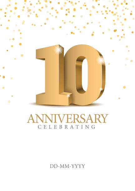 Anniversary 10. gold 3d numbers. Anniversary 10. gold 3d numbers. Poster template for Celebrating 10th anniversary event party. Vector illustration number 10 stock illustrations