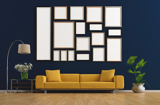 Empty frames on the living room wall, mock up concept with clipping path