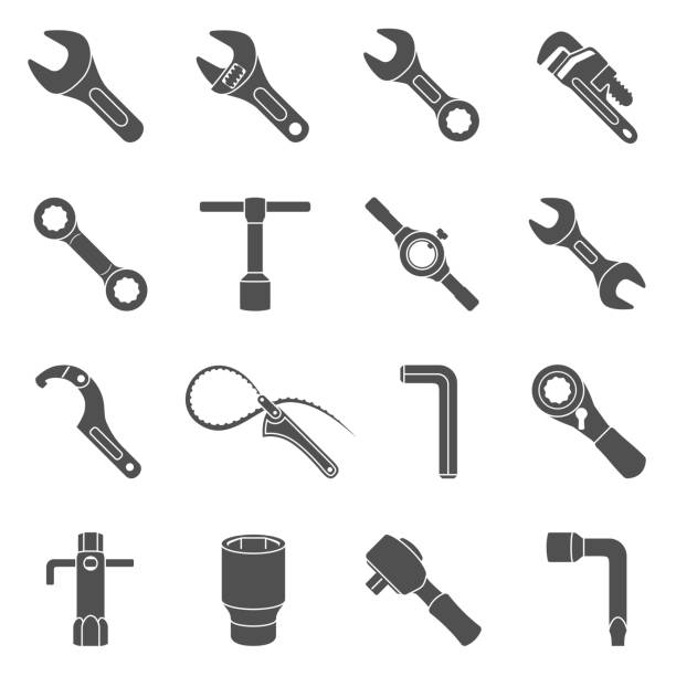 블랙 아이콘-렌치 - socket wrench stock illustrations