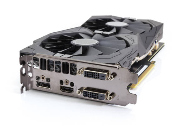 istock Graphics card from the side of external connectors close-up 1063680306