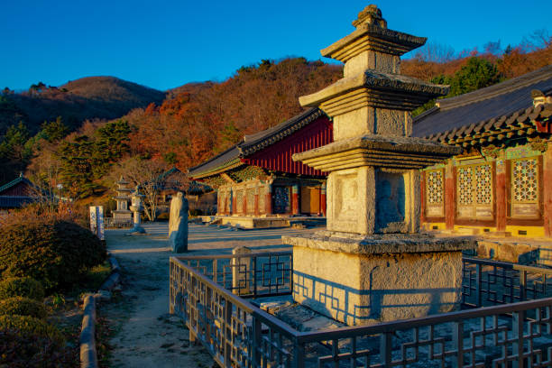 Close-up of temple roof decoration details in Seoul, South Korea. Blue sky in the background.