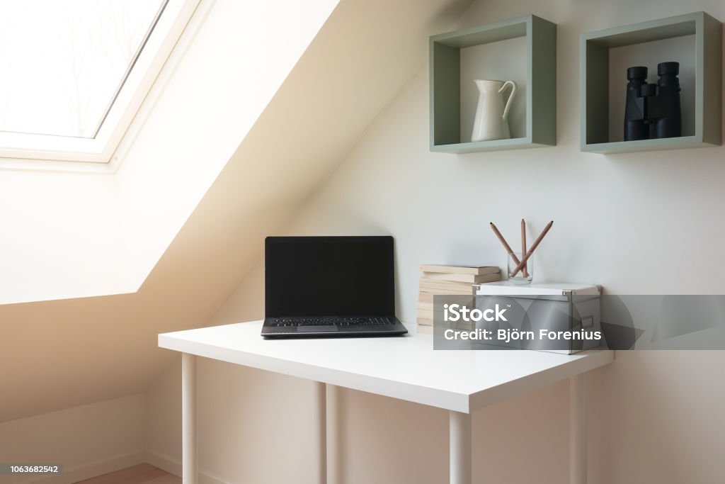 Computer. Below Reception Window Simple Workspace Interior Under Skylight Window In Attic Loft Laptop ...