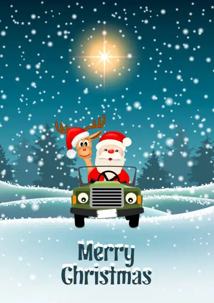 Vector illustration of Santa and reindeer in a car in winter landscape