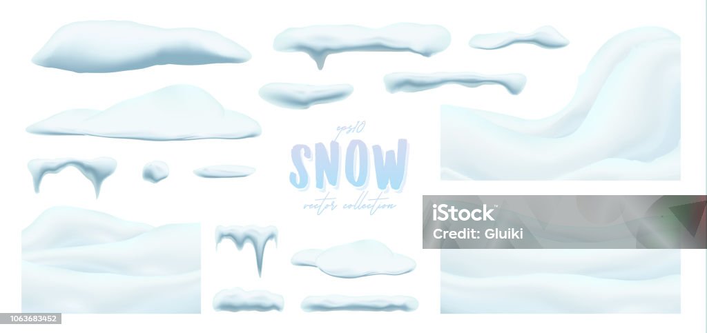 Vector collection of snow caps, pile, icicles, isolated on background, transparent. Vector collection of snow caps, pile, icicles, isolated on background, transparent, ice, snowball and snowdrift. 3d Winter decorations, Christmas, snow texture, white elements, holiday design, vector snow. Snow stock vector
