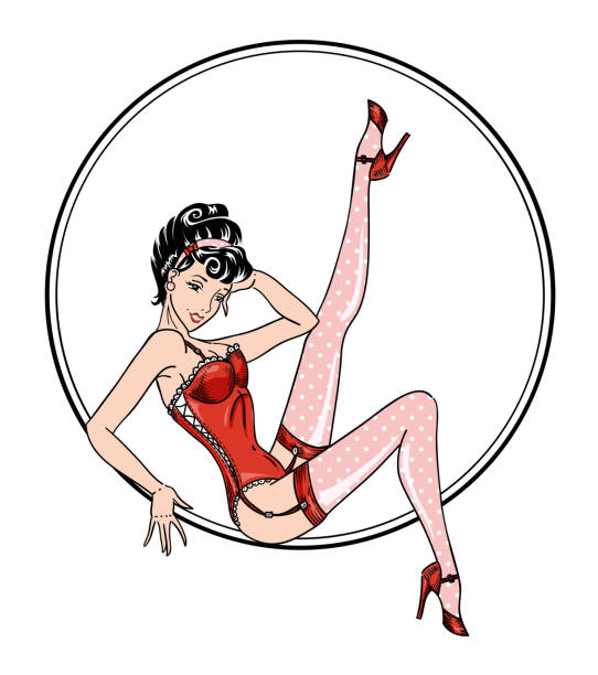 Pin-up classic sexy woman in red corset and pink dotted stockings Pin-up classic sexy woman in red corset and pink dotted stockings sitting in circle retro American pin up tattoo design isolated on white vintage pin up girl tattoo stock illustrations