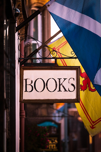 Sign Outside a Vintage Book Shop in Callander, Scotland, UK