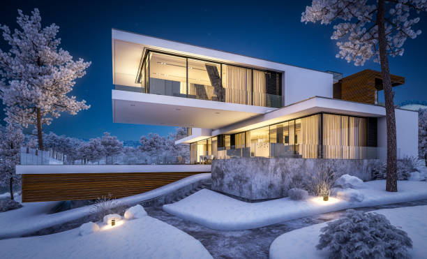 istock 3d rendering of modern house by the river in winter night 1063688354