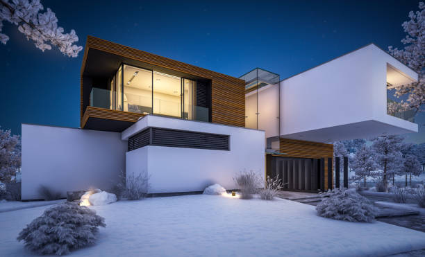 istock 3d rendering of modern house by the river in winter night 1063688356