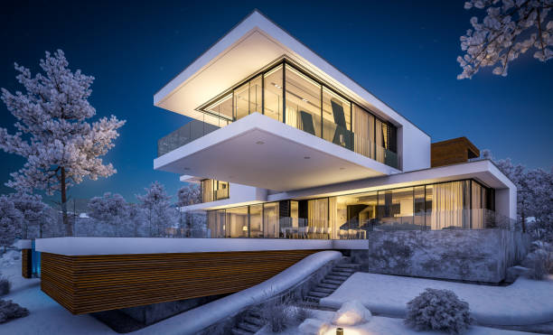 istock 3d rendering of modern house by the river in winter night 1063688366
