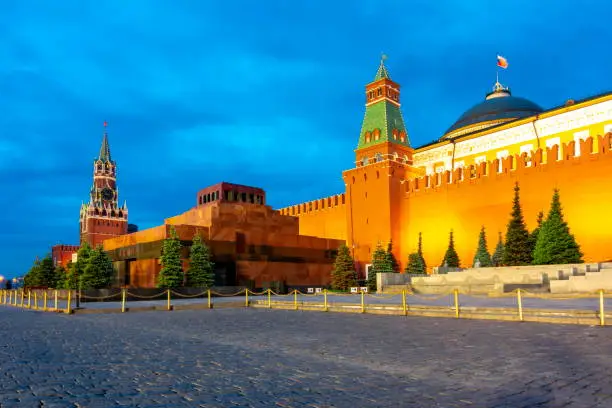Red square with Spasskaya tower of Moscow Kremlin, Lenin Mausoleum and Senate palace, Russia