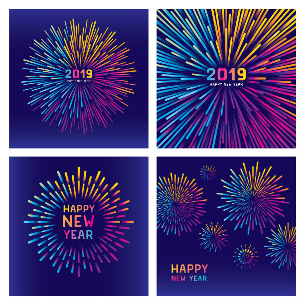 ilustraciones, imágenes clip art, dibujos animados e iconos de stock de conjunto de fuegos artificiales de año nuevo colorido - 2019