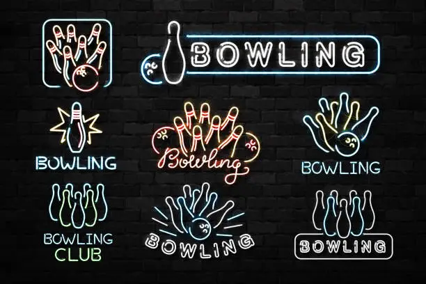 Vector illustration of Vector set of realistic isolated neon sign of Bowling symbol for decoration and covering on the wall background. Concept of game sport and bowling club.