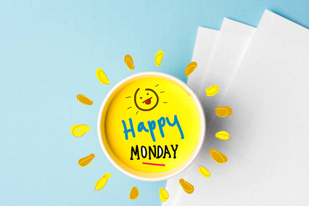 Happy monday quote and coffe cup on blue background. Time to break concept.