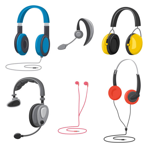 ilustraciones, imágenes clip art, dibujos animados e iconos de stock de sistema de auriculares: música, protectora, con micrófono, manos libres, en la oreja y retro. auriculares de vectores iconos de dibujos animados aislados sobre fondo blanco. - headset