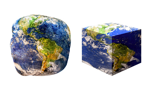 conceptual image of isolated deformed globe images on white background . NASA world map image layered and used; www.nasa.gov , https://www.flickr.com/photos/gsfc/sets/72157632172101342