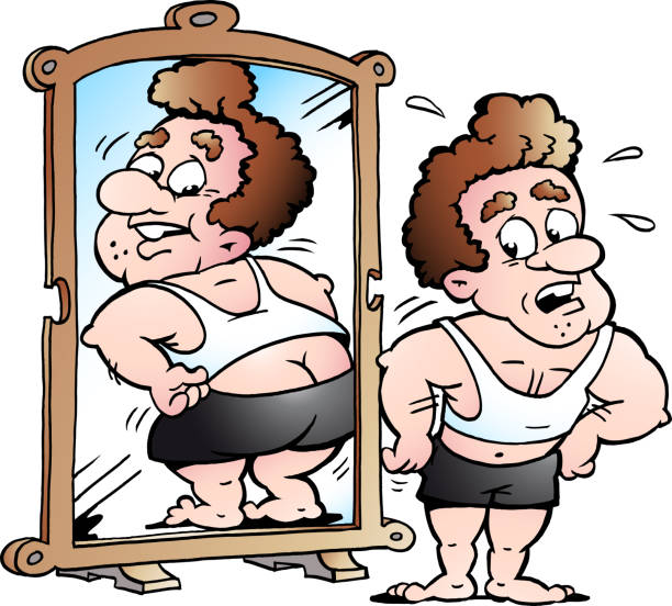 cartoon vector ilustracji tłuszczu człowieka, jak myśli, że wygląda - eating disorder bulimia gag weight stock illustrations
