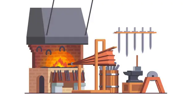 Vector illustration of Blacksmith metalwork workshop interior with with anvil, sledgehammer, forge, fire bellows, grinding wheel. Flat style isolated vector