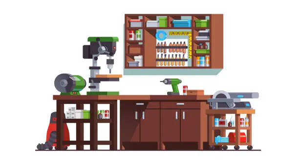 Vector illustration of Woodwork workshop with workbench drilling machine, grinding wheel, circular saw, drill, tools & equipment cabinets. Carpenter workplace interior. Flat style isolated vector