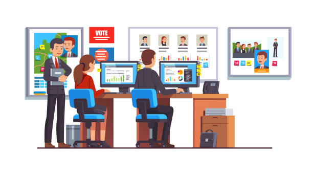 Politician office workers and campaign manager. Election race campaign headquarters interior. analyst team working analyzing candidates polls data. Flat style isolated vector Election race campaign headquarters analyst team working together analyzing candidates polls data. Politician HQ office workers and campaign manager. Flat style isolated vector illustration campaign headquarters stock illustrations