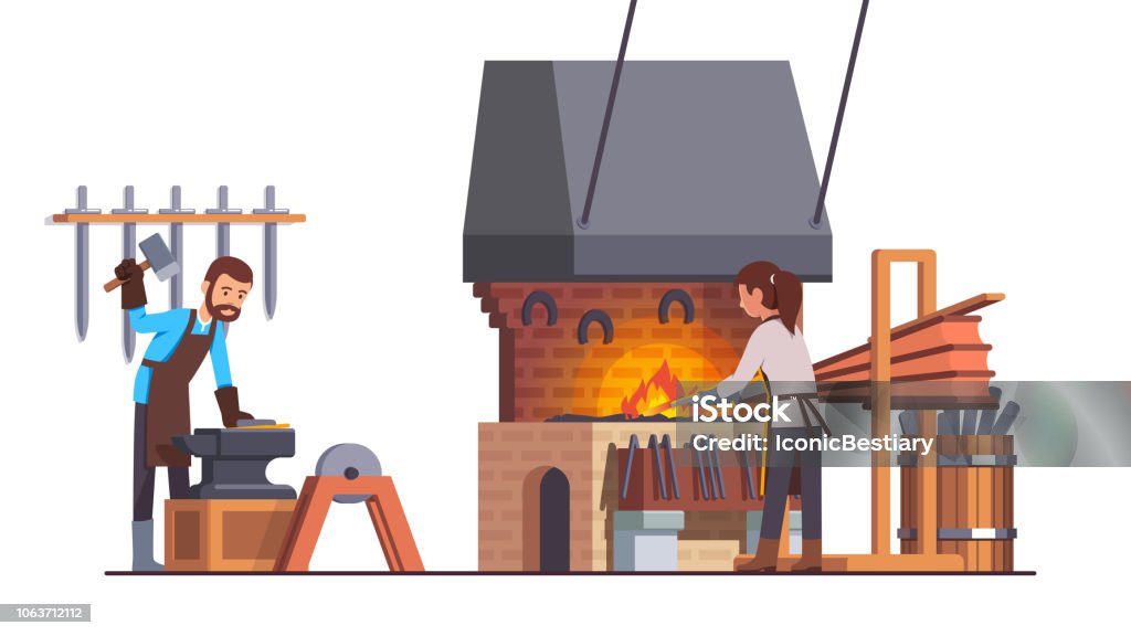 Smithy metalwork workshop interior. Blacksmith hammering iron workpiece with sledgehammer on anvil making sword, assistant heating up piece of metal in forge with bellows. Flat style isolated vector Blacksmith man working with sledge hammer doing metalwork at smithy workshop with anvil, fire bellows, forge, grinding wheel. Assistant woman heating iron. Smith shop interior flat vector illustration Blacksmith stock vector