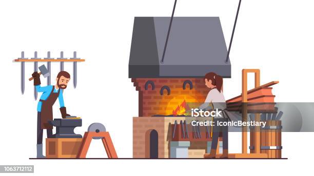 Smithy Metalwork Workshop Interior Blacksmith Hammering Iron Workpiece With Sledgehammer On Anvil Making Sword Assistant Heating Up Piece Of Metal In Forge With Bellows Flat Style Isolated Vector Stock Illustration - Download Image Now