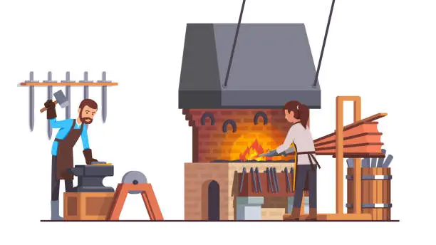 Vector illustration of Smithy metalwork workshop interior. Blacksmith hammering iron workpiece with sledgehammer on anvil making sword, assistant heating up piece of metal in forge with bellows. Flat style isolated vector