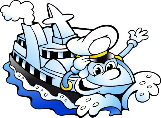 Vector illustration of Vector Cartoon illustration of a Happy Cruise Ship Captain Mascot