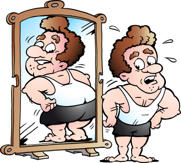 cartoon vector ilustracji pasuje człowiek, jak myśli, że wygląda tłuszczu - eating disorder bulimia gag weight stock illustrations
