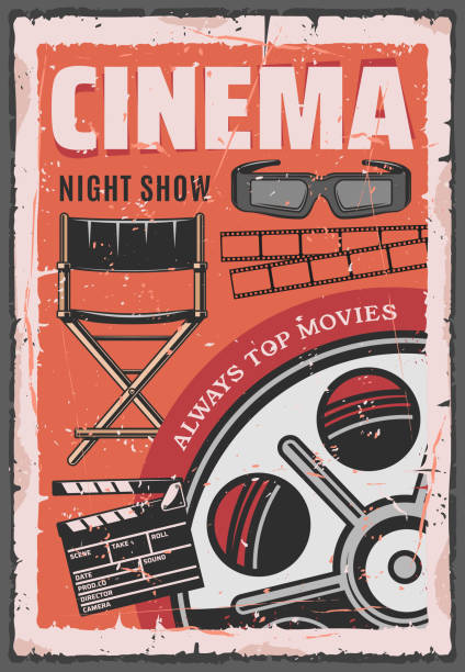 illustrations, cliparts, dessins animés et icônes de film de cinéma nuit, bobine de film, lunettes 3d - instant camera