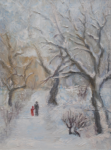 Fashionable illustration my oil painting on canvas landscape winter street walking in the snow mom and child among the snow-covered trees against the background of falling snowflakes and sky