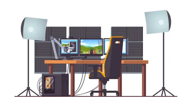 Vector illustration of Live game streaming desktop and home studio interior. Professional streamer setup & equipment. Desktop pc, three monitors on desk, gaming chair, lamps, microphone and acoustic foam. Flat style isolated vector livestreaming clipart