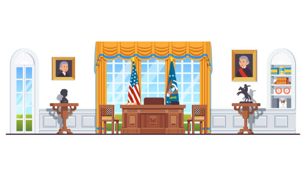 ilustrações de stock, clip art, desenhos animados e ícones de us president white house oval office with desk, flags, chairs. united states president's room interior. flat style isolated vector - house home interior flag usa