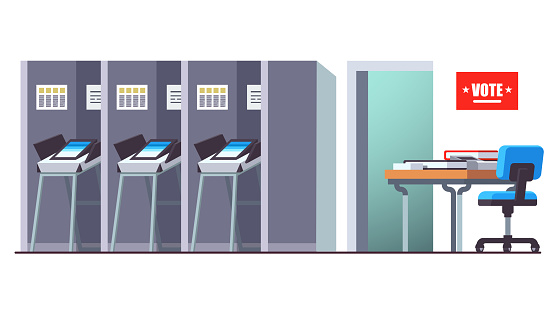 Voting station with reception desk and modern automated secure electronic voting machine booths. Flat style vector illustration isolated on white background
