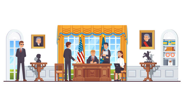 US president sitting at desk at White House oval office working with secretary assistants and ministers signing legislation act or law. United States president's room interior. Flat style isolated vector United States president sitting at his desk signing law act document in White House oval office with secretary, minister, officials, bodyguard. US president office interior. Flat vector illustration american flag house stock illustrations