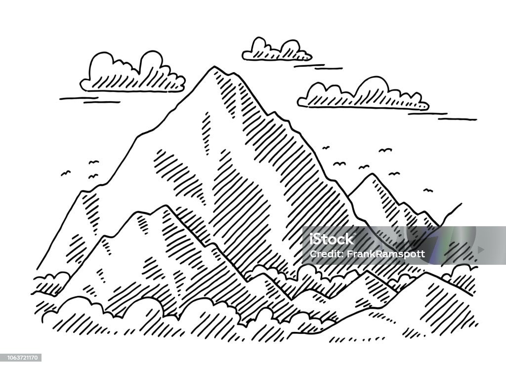 Big Mountain Landscape Drawing Hand-drawn vector drawing of a Big Mountain Landscape. Black-and-White sketch on a transparent background (.eps-file). Included files are EPS (v10) and Hi-Res JPG. Mountain stock vector