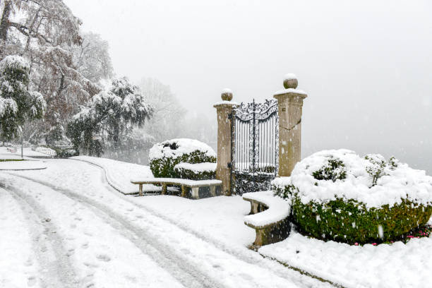 The botanical garden Ciani at Lugano on Switzerland with snow