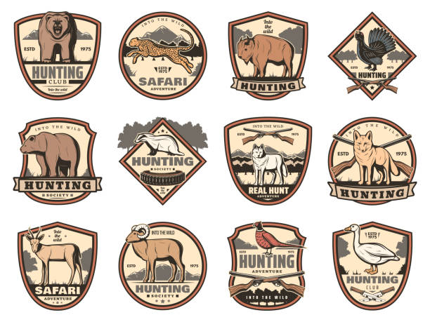 Hunting icons with animals, birds and rifle Hunting sport heraldic icons of hunter guns, animals and birds. Deer buck, duck and bear, fox, wolf and ox, goose, bison and antelope, jaguar, pheasant and grouse vector shields with huntsman weapons buffalo shooting stock illustrations