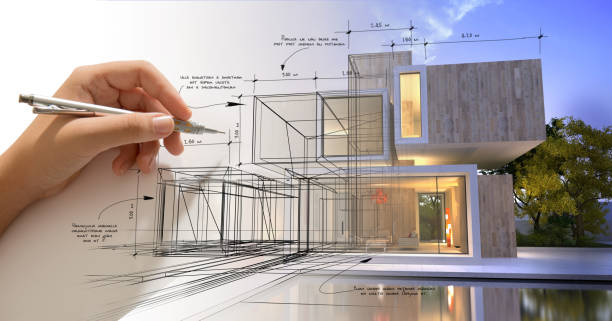 Hand sketching a designer villa with pool Hand drafting a modern white villa with a pool building activity stock pictures, royalty-free photos & images