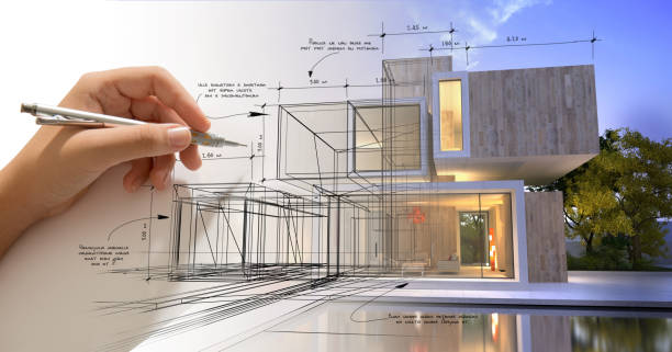 Hand sketching a designer villa with pool Hand drafting a modern white villa with a pool man made structure stock pictures, royalty-free photos & images